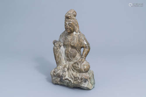 A Chinese grey stone figure of Maitreya, Qing