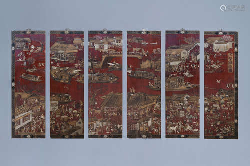 A Chinese six-fold lacquered and painted wooden room divider...