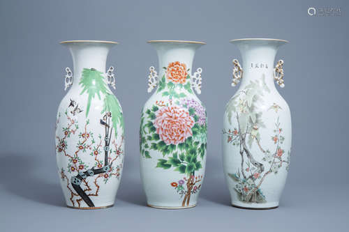 Three Chinese famille rose vases with birds and flowers, 19t...