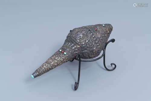 A large Tibetan inlaid silver mounted conch shell horn (dung...