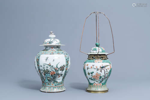 Two Cinese famille verte vases and covers with birds and but...