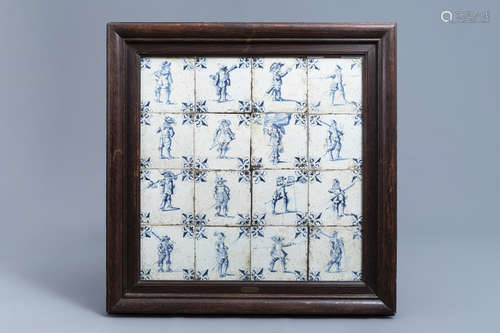 Sixteen Dutch Delft blue and white tiles with soldiers, 17th...