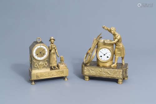 Two French gilt bronze mantel clocks, 19th C.