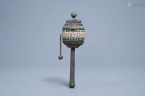 An inlaid silver prayer wheel, Tibet, 20th C.