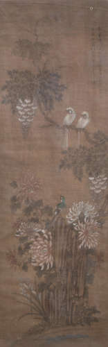 Chinese school, ink and colours on silk, 19th C.: Birds amon...