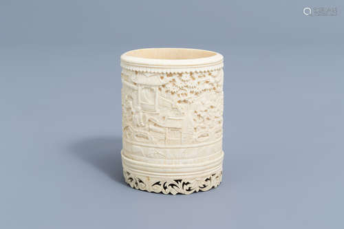 A Chinese richly carved ivory brush pot, Canton, 19th C.