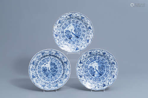 Three Dutch Delft blue and white 'birds of paradise' dishes,...