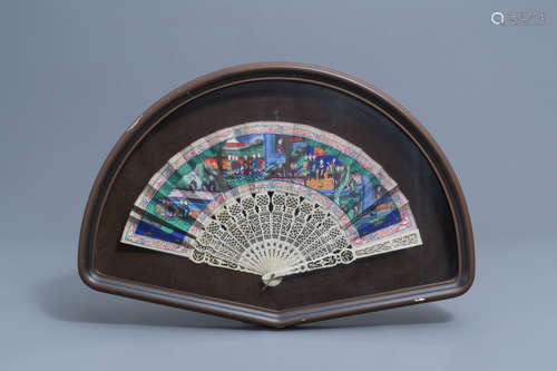 A framed Chinese painted paper and ivory fan, Canton, 19th C...