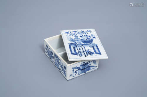 A rectangular Chinese blue and white box and cover with anti...