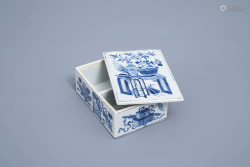 A rectangular Chinese blue and white box and cover with anti...