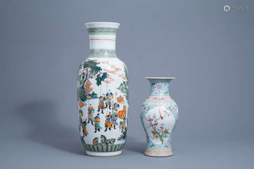 A large Chinese famille verte vase and a famille rose balust...