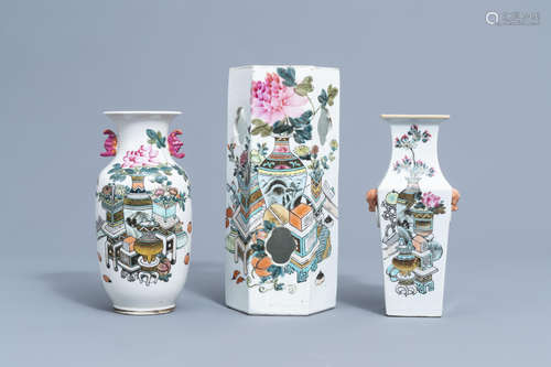 A Chinese qianjiang cai hat stand and two vases with antiqui...