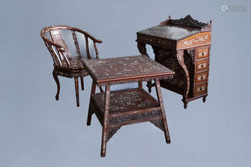 A three-piece Vietnamese bone inlaid wooden desk set, ca. 19...