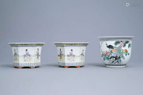 A pair of Chinese famille rose jardinieres on stands, 20th C...