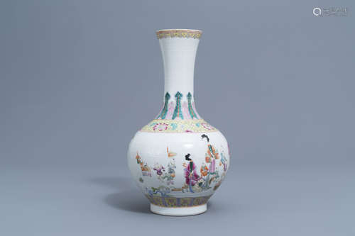 A Chinese famille rose bottle shaped vase with boys and ladi...