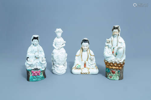 Four Chinese famille rose, gilt and blanc de Chine figures o...