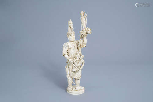 An exceptionally large Japanese ivory okimono of a warlord, ...