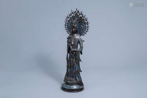 A very tall Japanese champleve enamel and bronze figure of K...