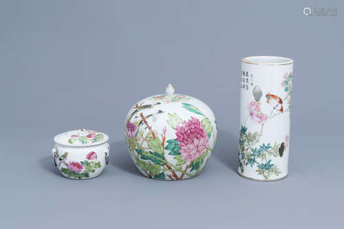 A Chinese qianjiang cai hat stand, a ginger jar and a bowl a...