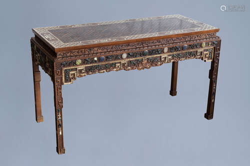 A Chinese bone and hardstone inlaid rectangular wooden table...