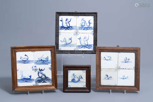 Thirteen Dutch Delft blue and white tiles with sea creatures...