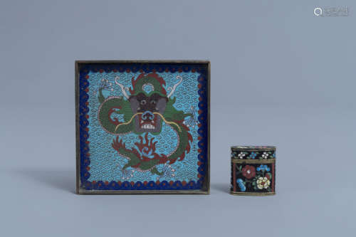 A Chinese square cloisonnŽ opium tray with a dragon and an o...