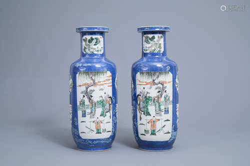 A pair of Chinese powder blue ground famille verte vases, Ka...