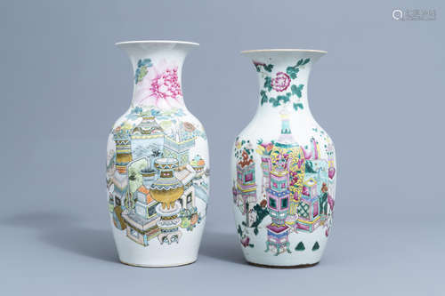 Two Chinese famille rose and qianjiang cai vases with antiqu...