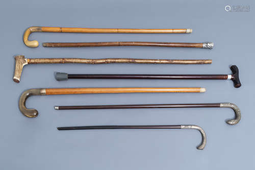 A varied collection of seven walking sticks with accompanyin...