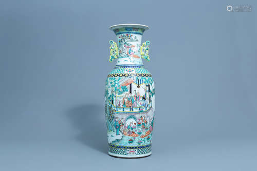 A Chinese famille rose vase with figures in a palace garden ...