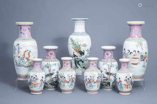 Nine various Chinese famille rose vases, 20th C.