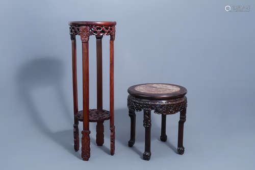 Two Chinese carved wooden stands with marble and cloisonnŽ t...