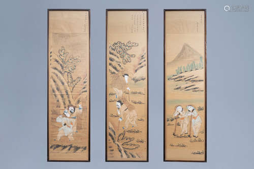 Three Chinese framed prints with cultivation scenes, 19th/20...