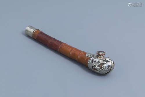 A Chinese bamboo silver and copper mounted opium pipe, 19th ...