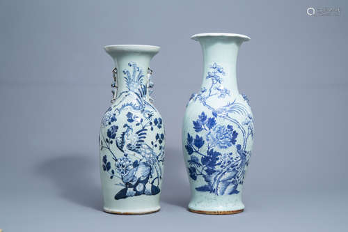 Two Chinese blue and white celadon vases with birds and phoe...