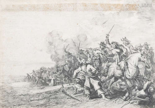 Flemish or Dutch school: The battle scene, etching, 17th C.