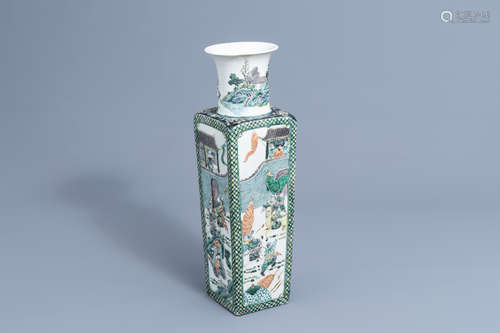 A square Chinese verte biscuit vase with warrior scenes in r...