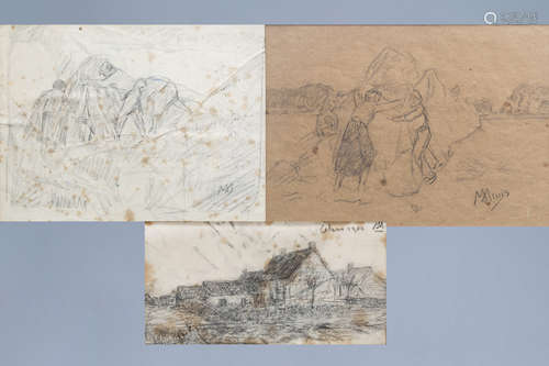 Modest Huys (1874-1932): Three various drawings, pencil on p...