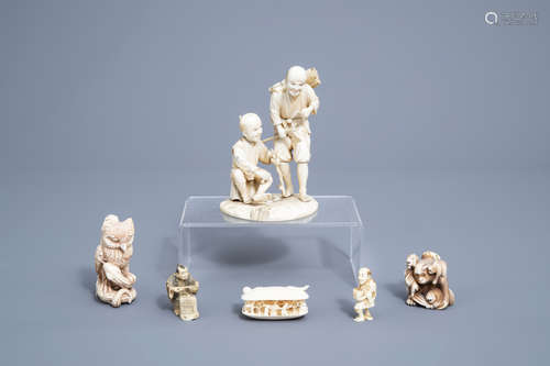 Five various Japanese ivory netsuke and okimono, Meiji, and ...