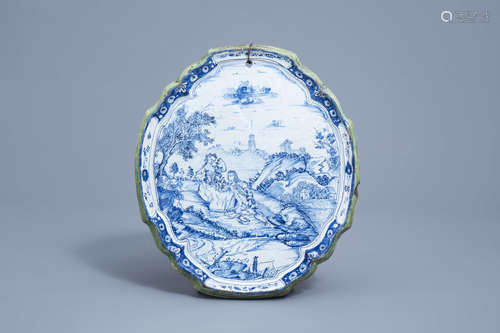 A Dutch Delft blue and white plaque with a galant scene, 18t...