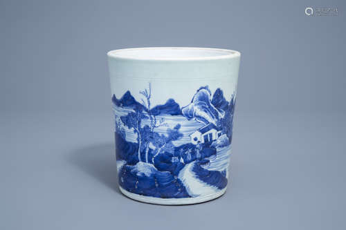 A Chinese blue and white scroll pot with landscape design, 1...