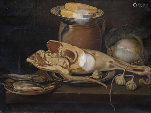 German school: Still life with fish, meat, vegetables and cr...