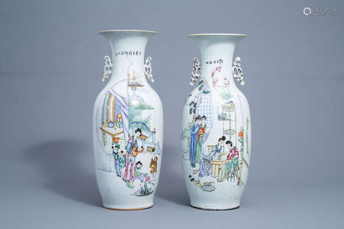 Two Chinese famille rose vases with figures on a terrace, 19...