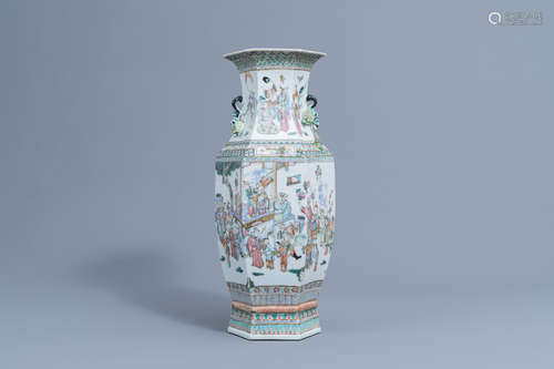 A Chinese hexagonal famille rose vase with figurative design...