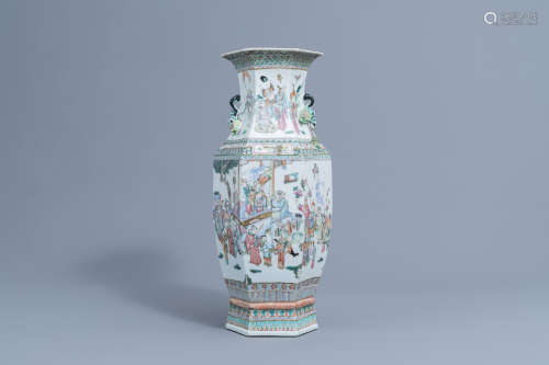 A Chinese hexagonal famille rose vase with figurative design...