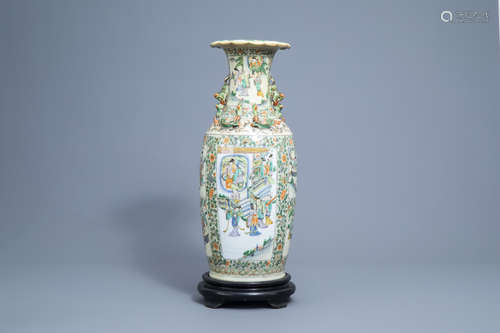 A Chinese Canton famille verte vase with figures on a terrac...