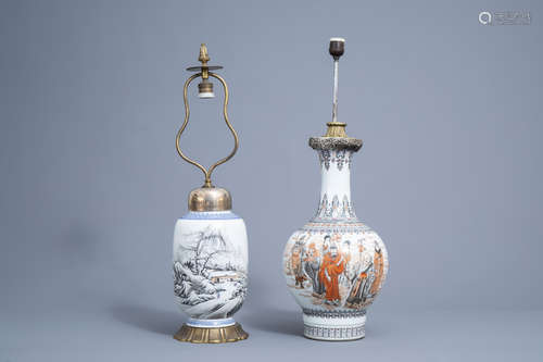 Two Chinese vases with immortals and a winter landscape moun...