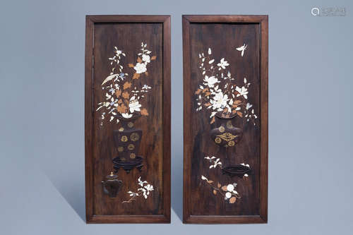 Two Japanese wooden panels with ivory, lacquer and mother-of...