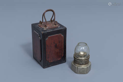 A Chinese paktong opium lamp and its wooden box, 19th C.