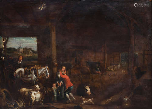 Flemish school: Animated stable interior, oil on canvas, 18t...